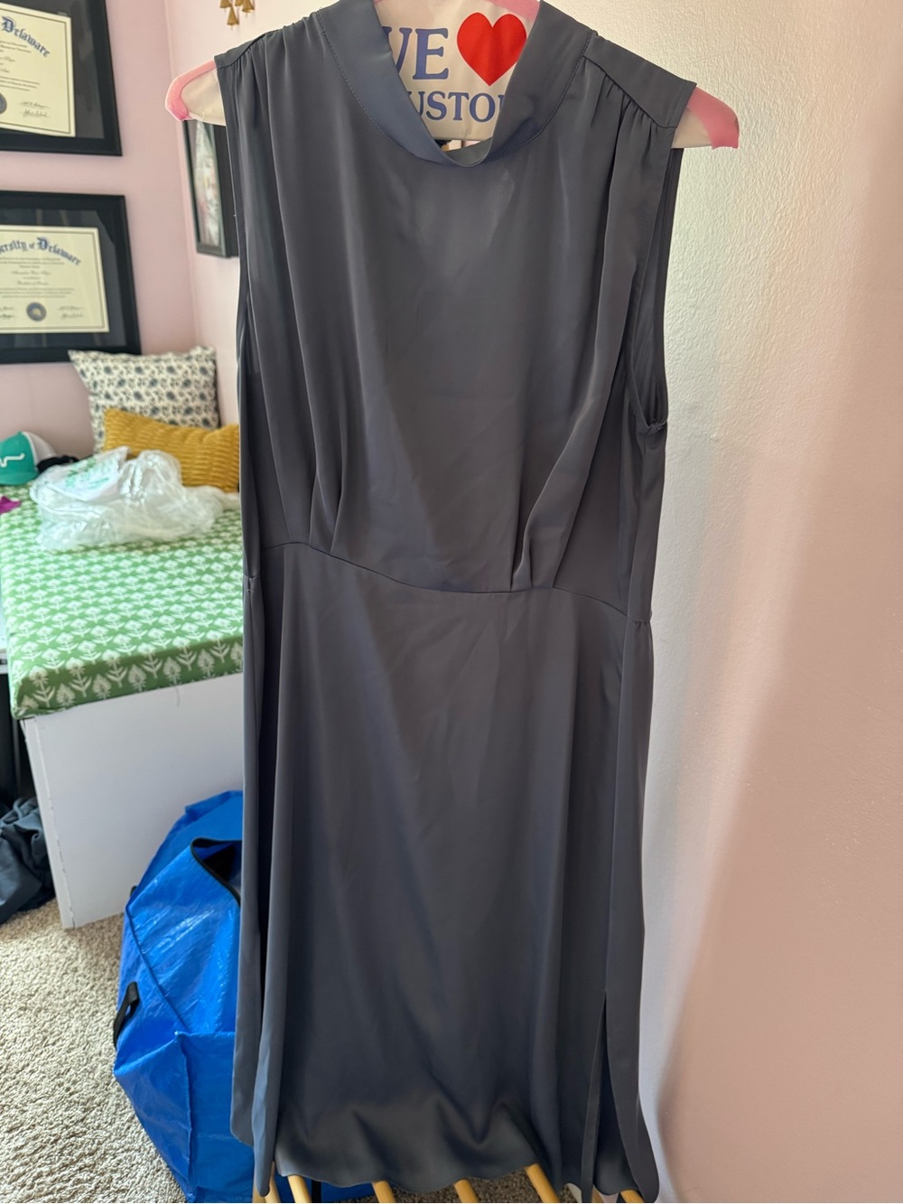 PrettyGarden Sleeveless Gray/Blue Satin Midi Dress with Mock Neck